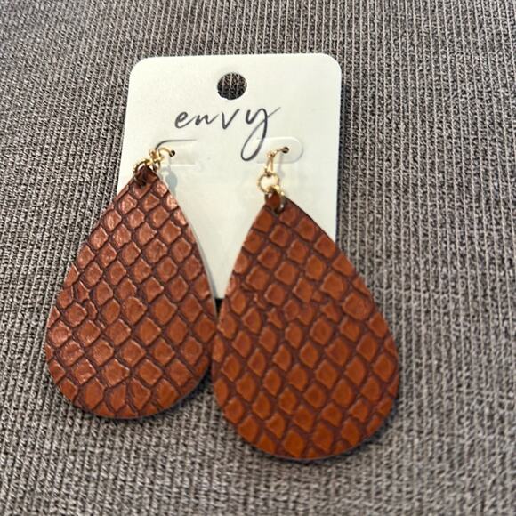 Leather Stamped Teardrop Earrings - Picture 2 of 3